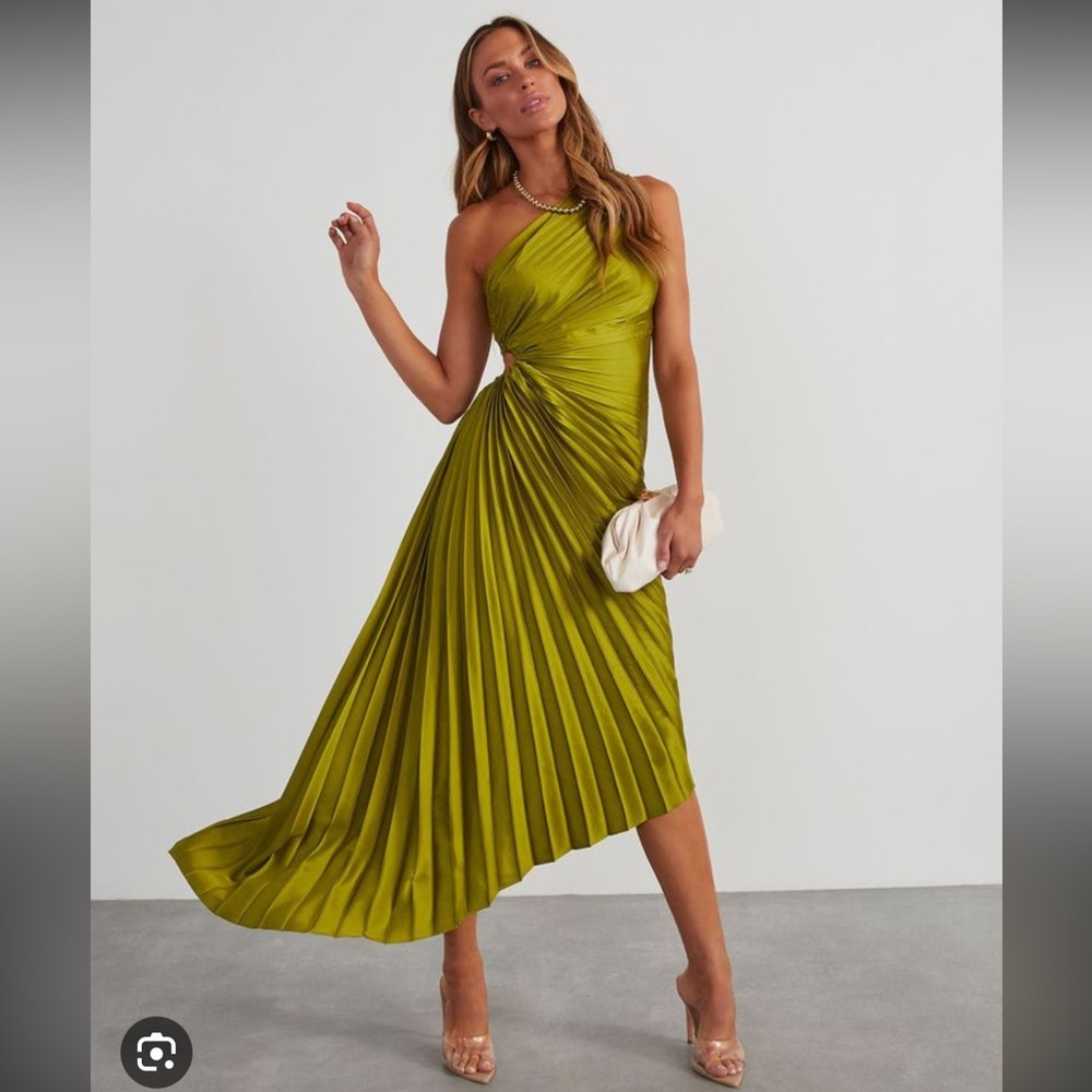 Modern Day Glam Satin Pleated One Shoulder Asymmetrical Maxi Dress Chartreuse